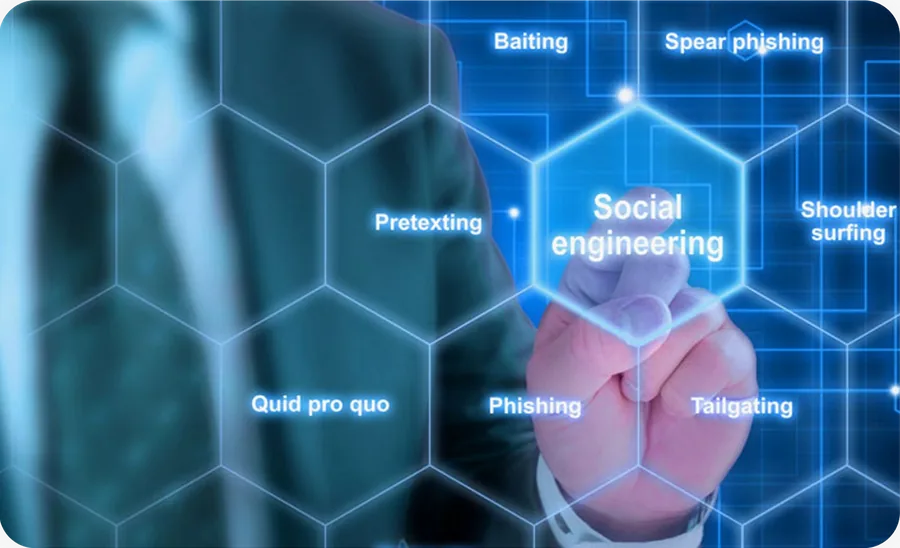 Hand touching a hexagonal diagram of social engineering attack types